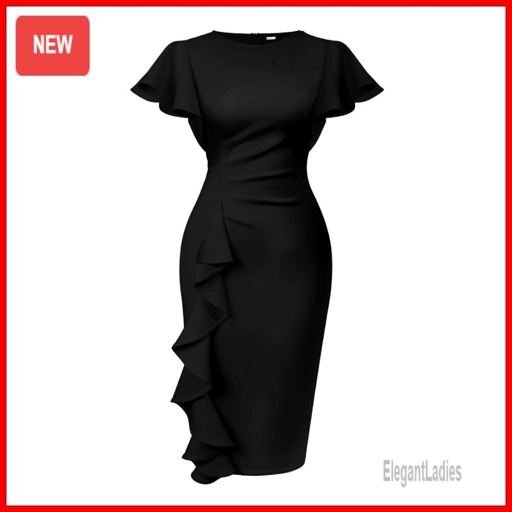 Vintage Ruffle Sleeve Ruched Bodycon Midi Pencil Dress Work Formal